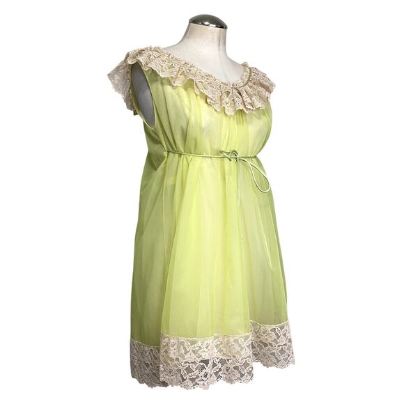 Ro-Vel of California 1960's Lime Baby Doll Sheer Lace Chiffon Nightgown - Picture 2 of 16